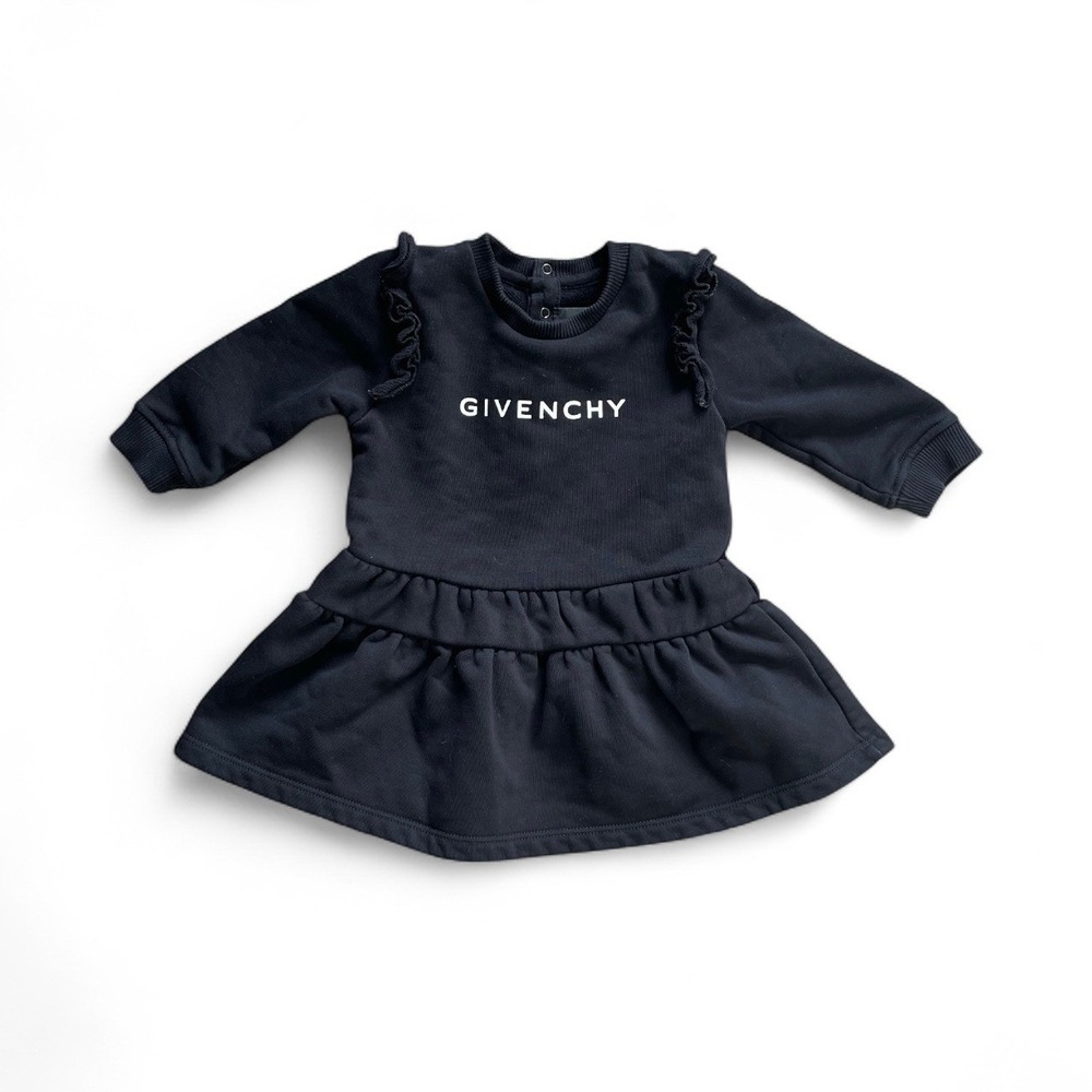 Givenchy Sweatshirt Dress Girls‎ 9M Black Ruffle Shoulder Logo Print Long Sleeve